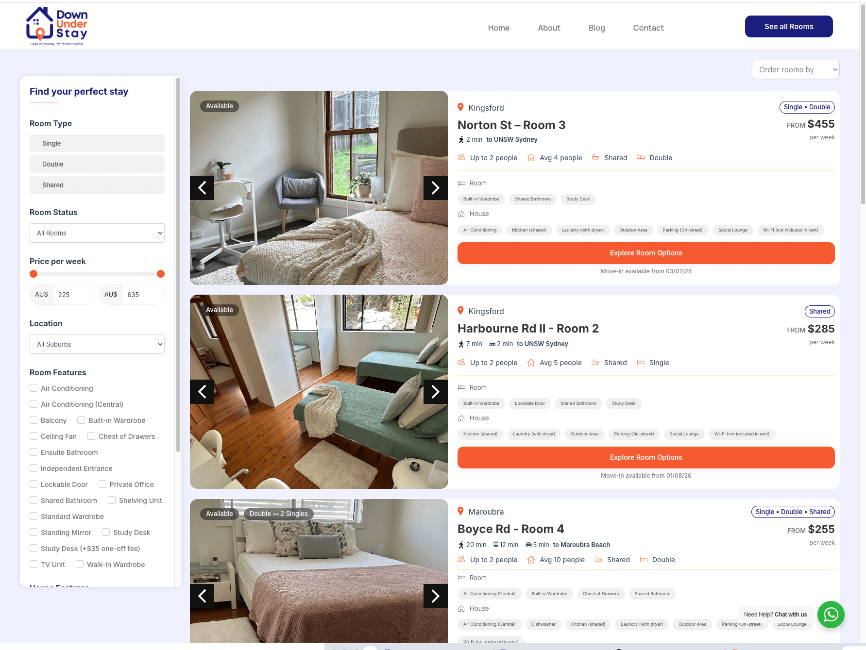 Down Under Stay searchable room catalogue